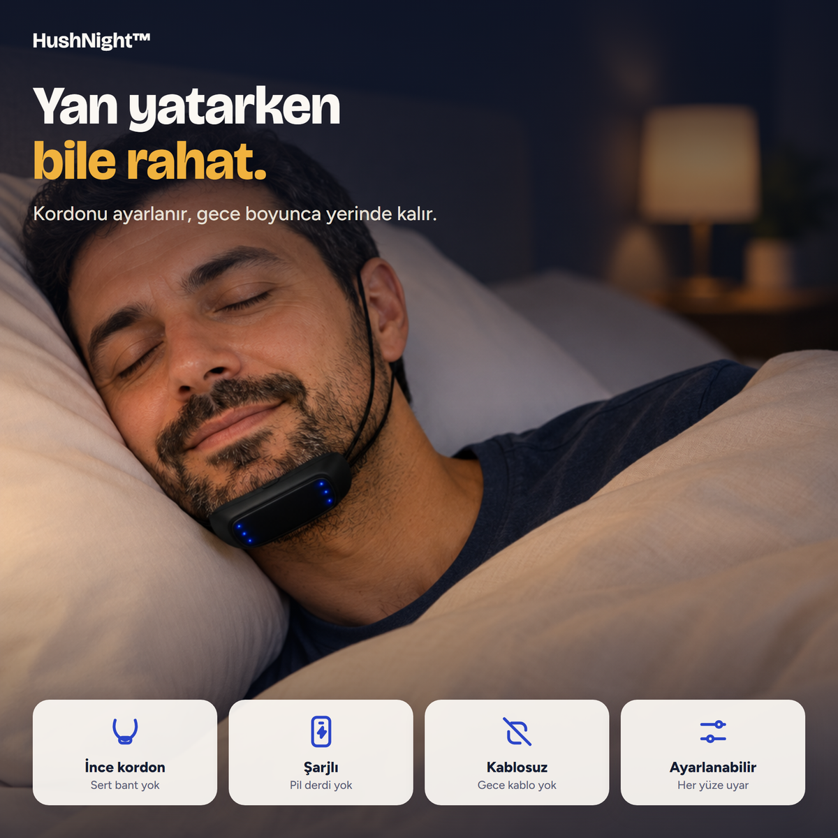 Yan yatarken HushNight™ takan adam, ayarlanabilir kordon