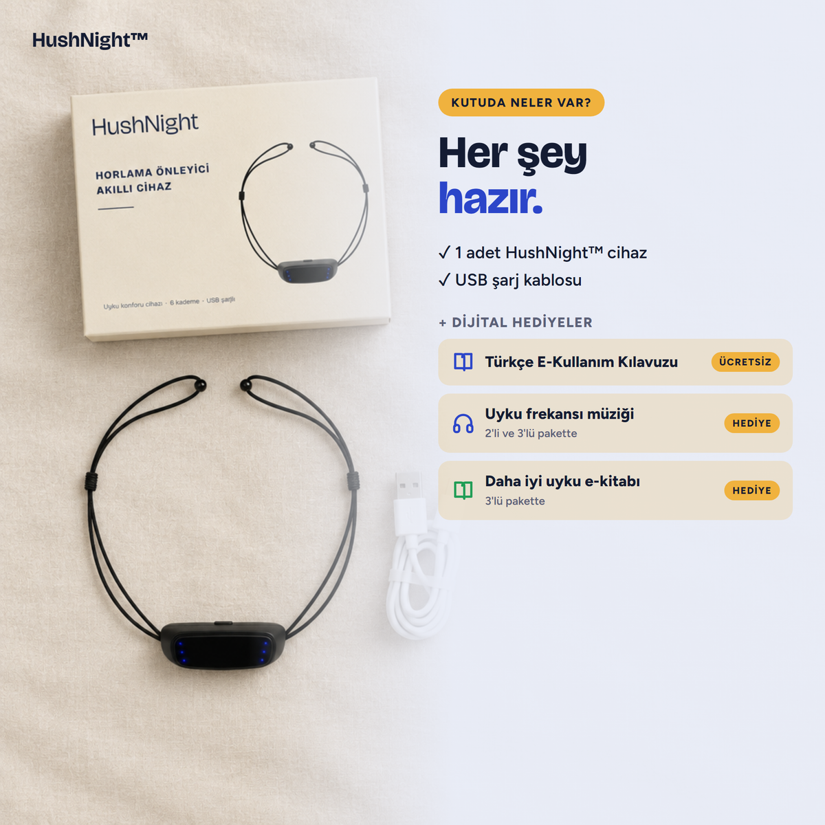 HushNight™ kutu içeriği ve dijital hediyeler